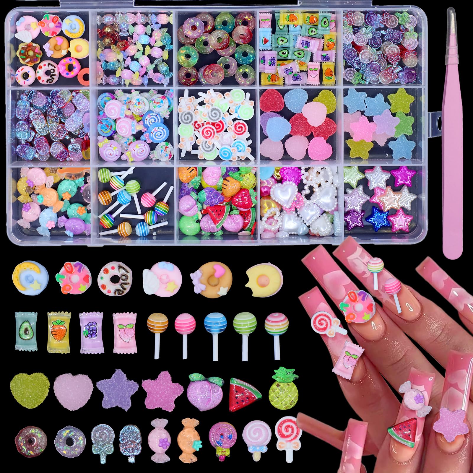 3D Candy Nail Charms for DIY Crafts Accessories: Mixed Color Cute Gummy Bear Fruit Donuts and Lollipop Nail Art Charms